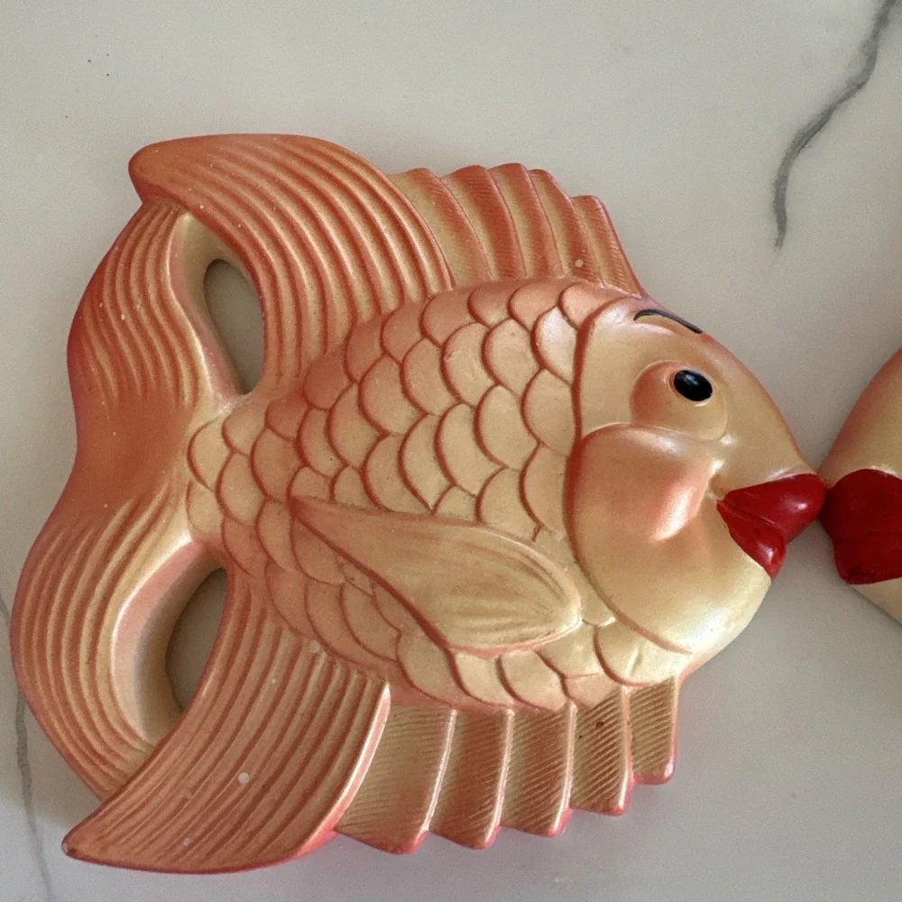 Vintage Miller Studio 1970's Orange Kissing Fish Chalkware Wall Plaques Set Of 2